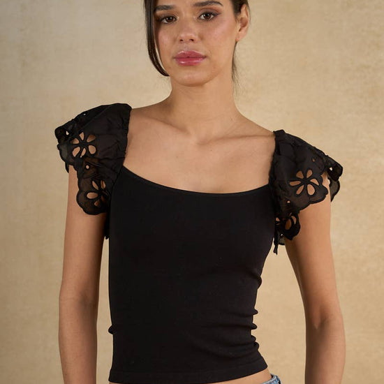 Delia Puff Sleeve Top S M Black