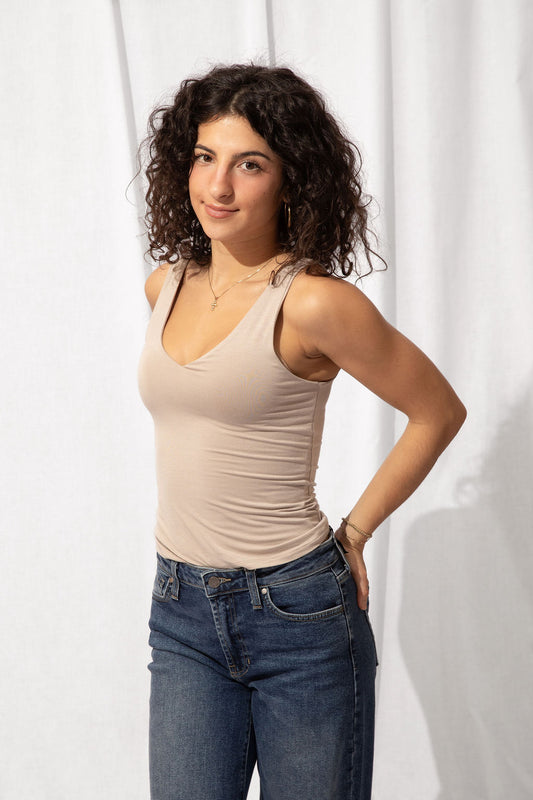 Double Layer V-Neck Tank Nude