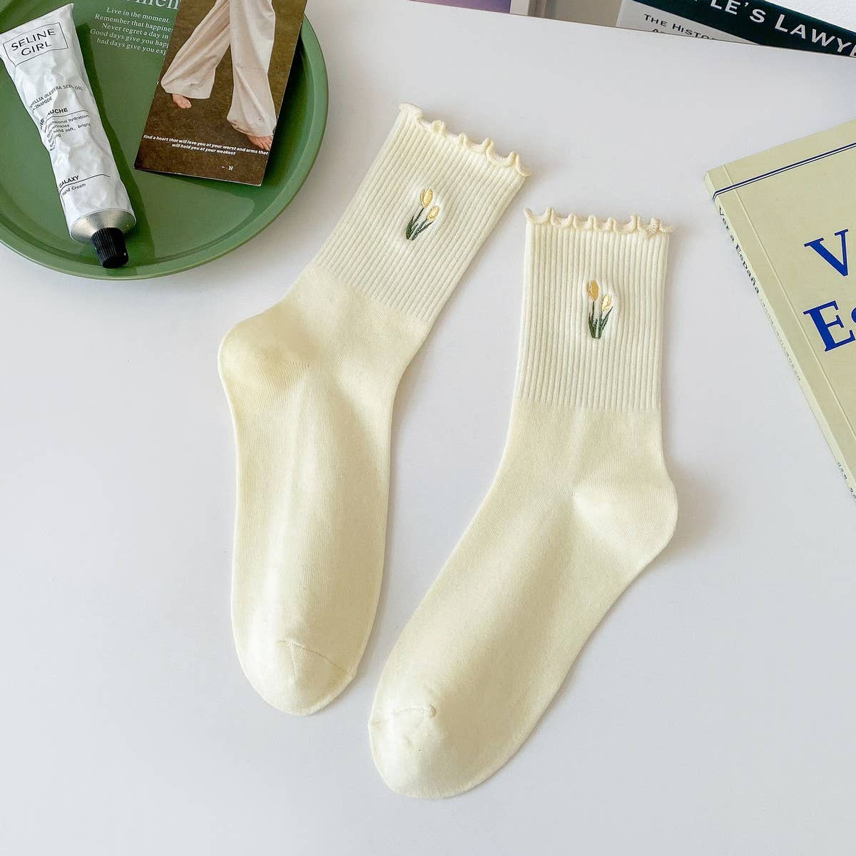 Embroidered Tulip Ruffle Socks Yellow