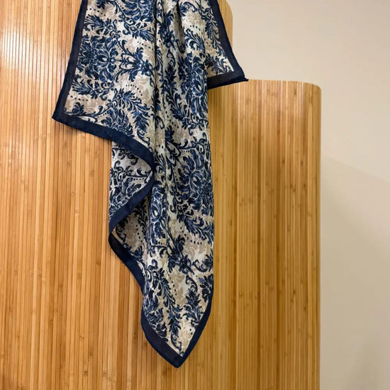 Damask Print Cotton Scarf Navy