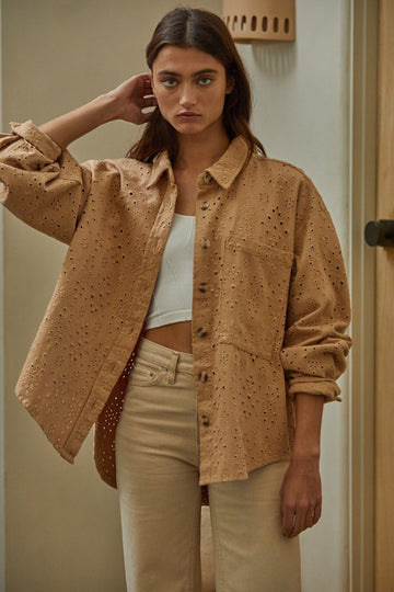 Donny Eyelet Shacket- Camel