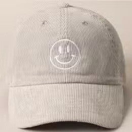 Happy Face Embroidered Corduroy Baseball Cap